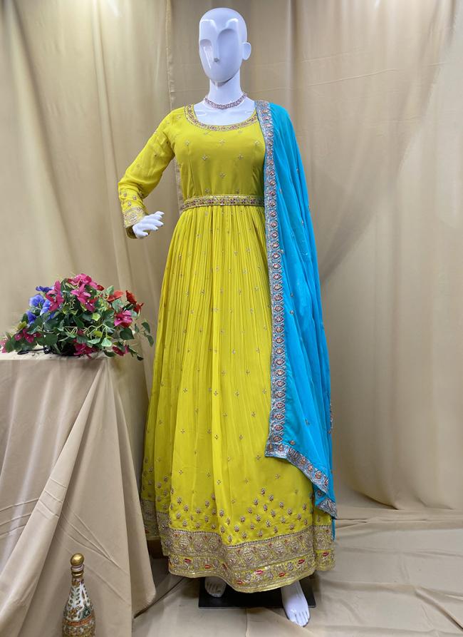 Georgette Yellow Wedding Wear Stone Work Readymade Anarkali Suit